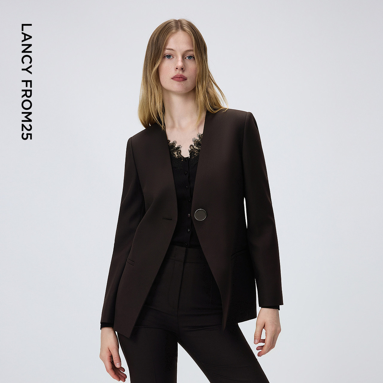 朗姿V领高级感西服上衣羊毛西装外套高级感复古春季新款西服