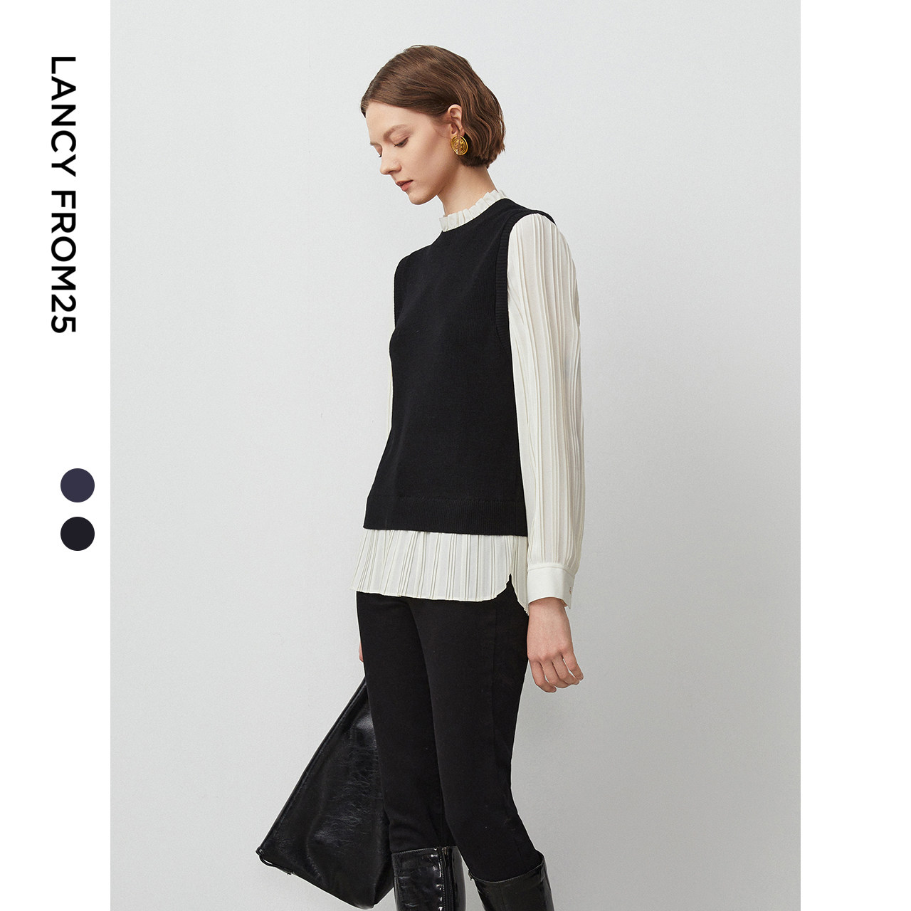 朗姿纯羊毛设计感假两件内搭打底上衣毛针织衫短款优雅冬季新款,女装/女士精品,毛针织衫,淘宝优惠券,粉丝福利购,淘宝优惠卷