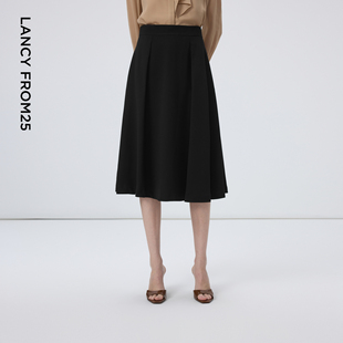 朗姿25法式 通勤伞裙高腰a字裙气质 复古赫本风黑色醋酸半身裙春季