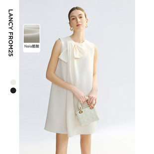 新款 朗姿25二醋酸黑白高级感蝴蝶结a字无袖 轻礼服优雅连衣裙夏季