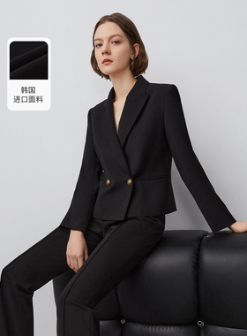 朗姿复古气质职业通勤黑色西装外套/裤子秋季新款短款西服上衣女