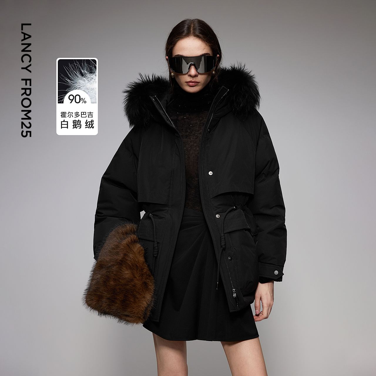 可拆貉子毛领 抽绳收腰 进口白鹅绒