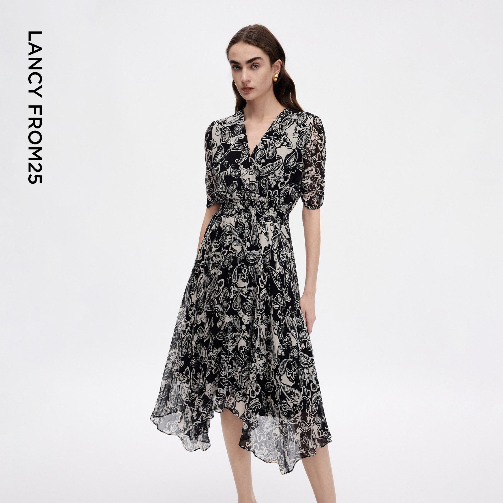 朗姿25黑色v领碎花法式连衣裙蚕丝优雅高端裙子女2026年夏季新款