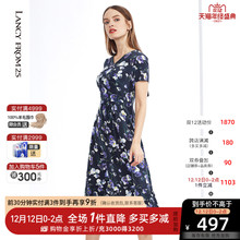 朗姿裙子女夏装新款中长裙V领修身高腰印花大花真丝短袖连衣裙女图片