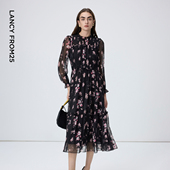 新款 气质通勤2026年春季 碎花裙时尚 朗姿木耳边印花雪纺连衣裙法式