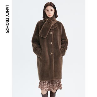 朗姿纯羊毛法式 复古设计感保暖仿皮草外套减龄大衣女冬新款 女 长款