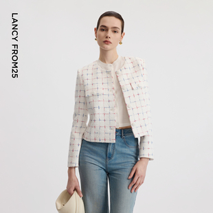 朗姿正肩小香风双色格纹优雅短外套气质通勤上衣女2026年春季 新款