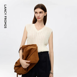 新款 朗姿25高级绞花V领无袖 亚麻针织马甲百搭气质通勤2026年夏季