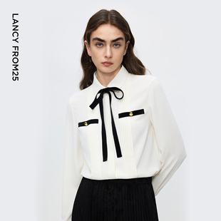 朗姿法式 优雅塔克褶衬衫 女通勤风优雅领带上衣2025年冬季 新款