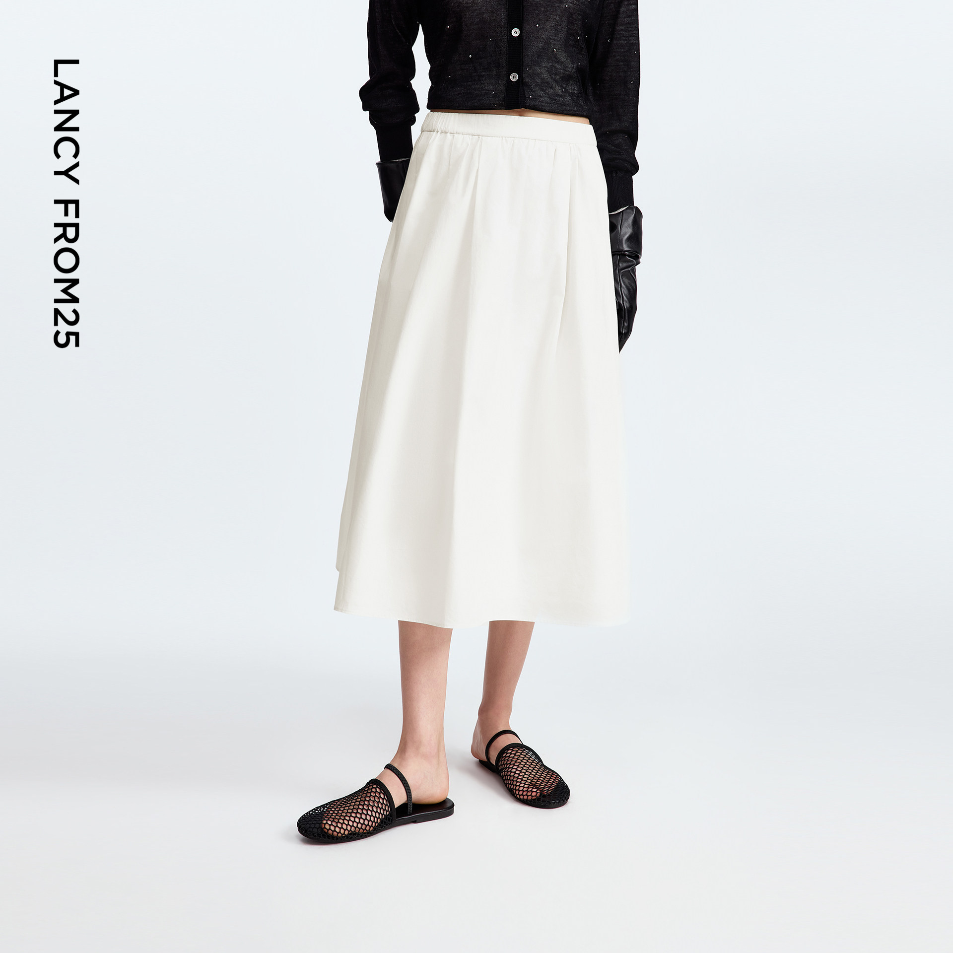 朗姿纯棉a字大摆高腰伞裙百搭半身裙气质通勤长裙2025年秋季新款