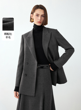 朗姿复古羊毛灰色高智气质通勤职业西服外套女2024冬季新款西装