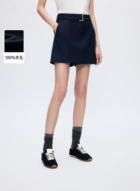 朗姿蓝色纯羊毛短裤女腰带直筒短款通勤OL休闲裤女2025年冬季新款