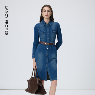 连衣裙气质洋气高级感时尚 长袖 复古棉质显瘦牛仔裙新款 朗姿25法式