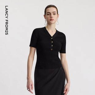 薄款 高级感内搭T恤打底衫 V领针织开衫 女春夏新款 上衣 短袖 朗姿法式