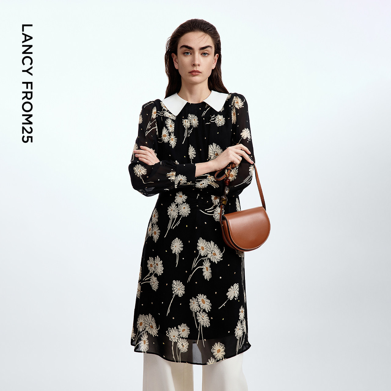 朗姿印花收腰a字连衣裙高级感通勤时尚气质碎花裙2025年秋季新款