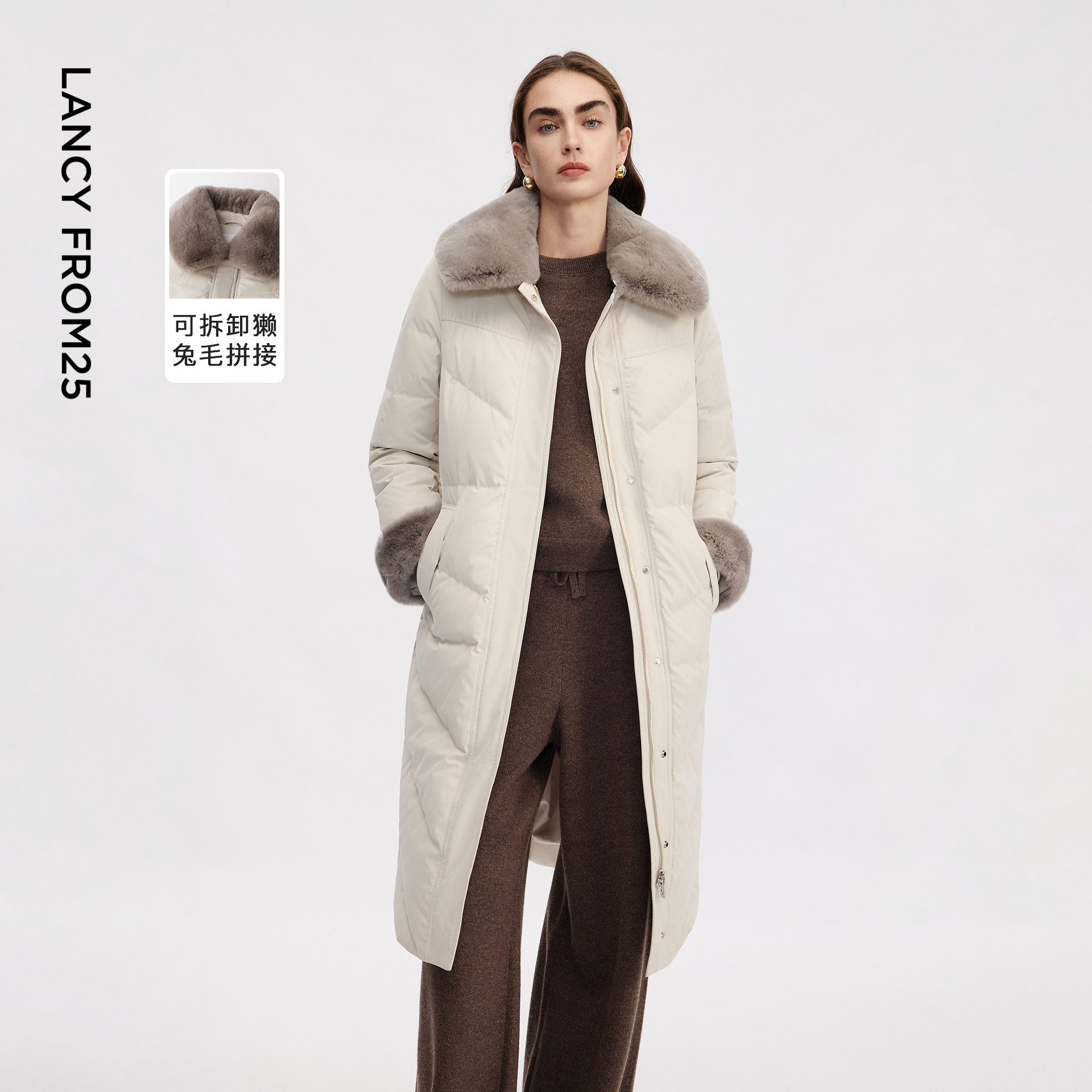 朗姿獭兔真毛毛领鹅绒服女气质秋冬季新款长款加厚羽绒服外套大衣