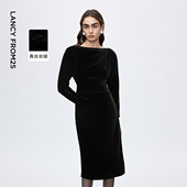 新款 朗姿丝绒一字领收腰法式 优雅连衣裙简约显瘦连衣裙2025年冬季
