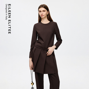 新款 朗姿欧洲EiLEEN 圆领压褶连衣裙女2025秋季 长袖 ELITEE经典