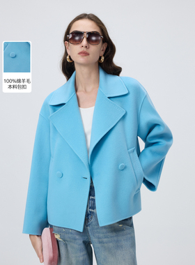 朗姿蓝色纯羊毛短款毛呢外套女呢子大衣双排扣2026年春季新款