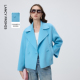 新款 朗姿蓝色纯羊毛短款 毛呢外套女呢子大衣双排扣2026年春季