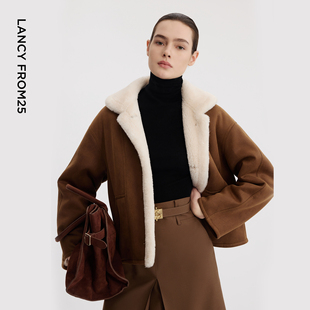 新款 朗姿高智感保暖美拉德仿皮草外套时尚 棕色上衣2025年冬季