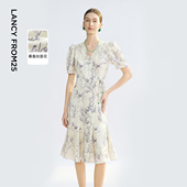 兰亭叙 朗姿桑蚕丝新中式 2025年夏季 新款 v领白色提花连衣裙女