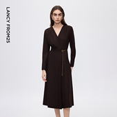 朗姿羊毛v领高腰a字连衣裙高级感通勤2025年冬季 焦点系列 新款