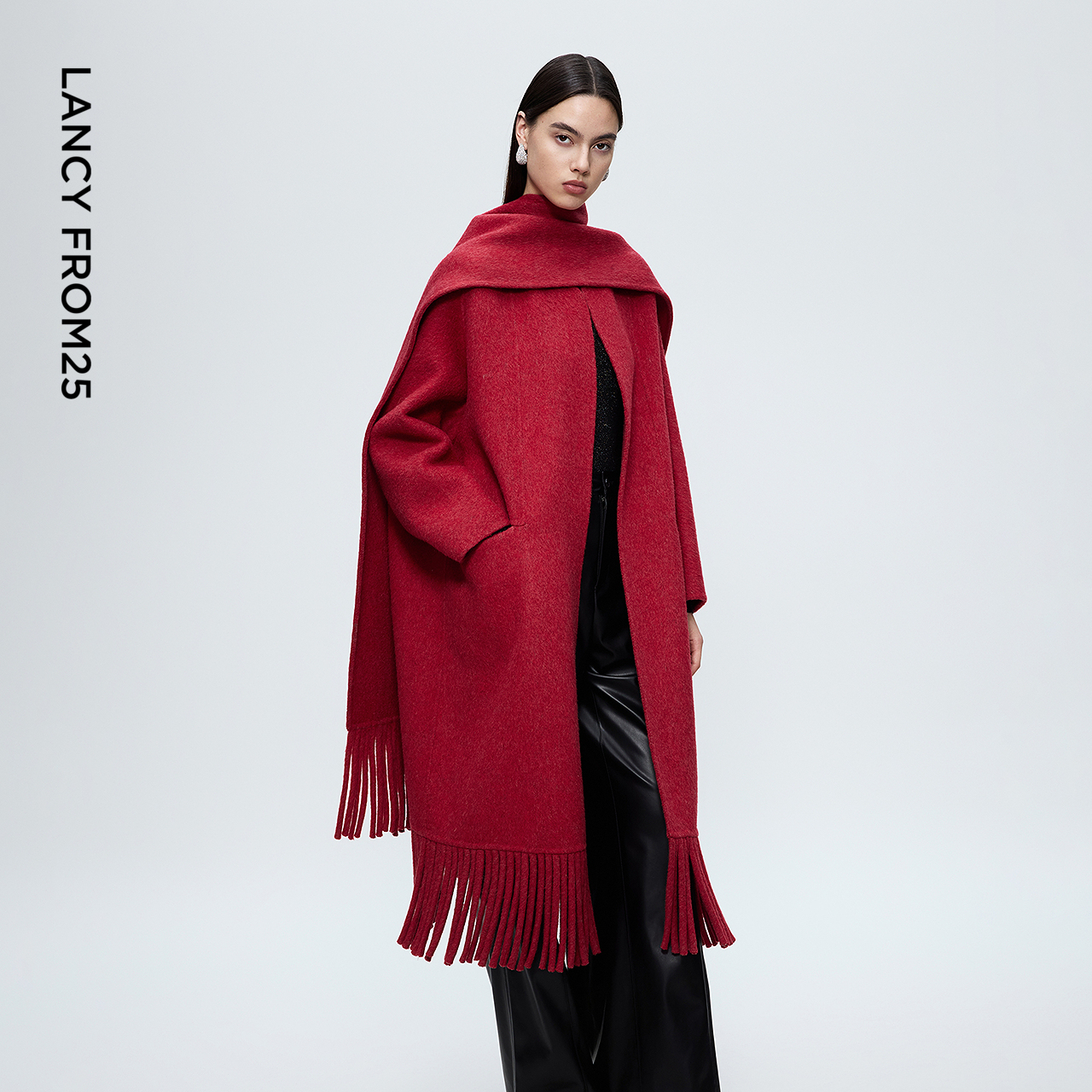 【秀场同款】朗姿圆领流苏慵懒感毛呢外套简约优雅双面呢子大衣女