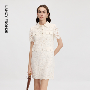 新款 蕾丝连衣裙优雅气质通勤裙子女2026年夏季 朗姿25翻领正肩短袖
