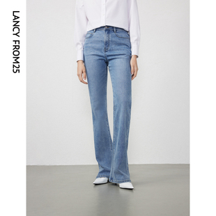 女 高级感气质牛仔裤 子2024年春新款 朗姿直筒微喇设计感高腰显瘦裤