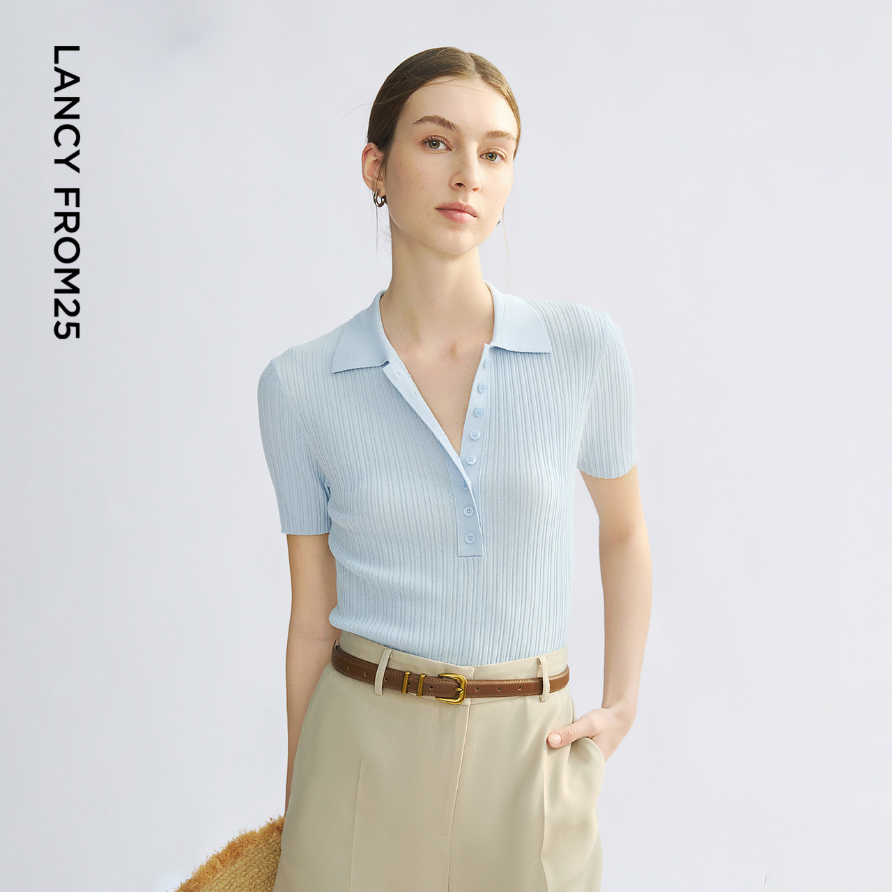 朗姿25POLO领坑条肌理针织衫女纯色百搭休闲气质套头衫女夏季新款