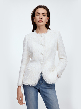 朗姿白色优雅上衣小香风短外套收腰通勤外衣2025年秋季新款女