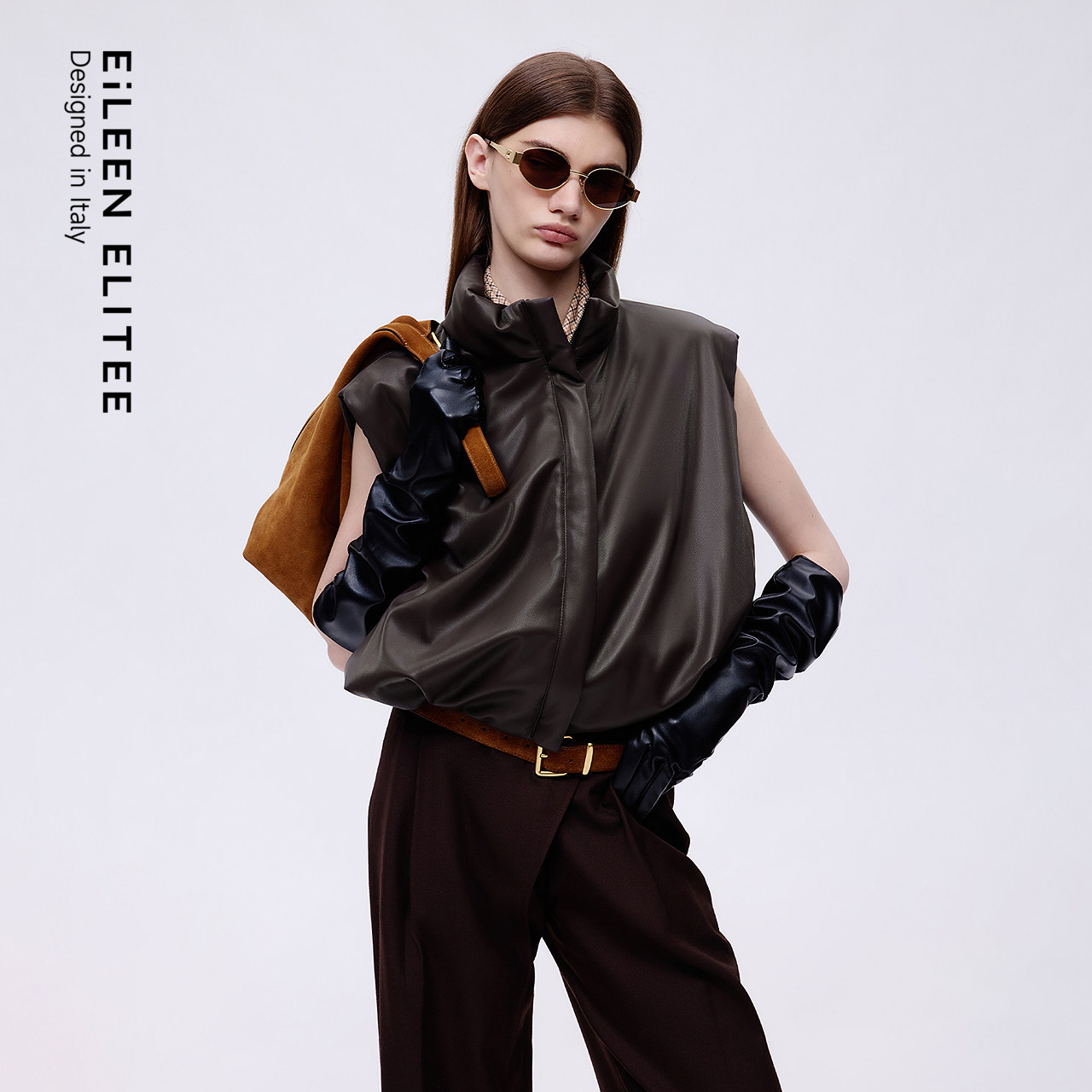 朗姿欧洲EiLEEN ELITEE设计感PU仿皮棉时尚马甲2025年冬季新款