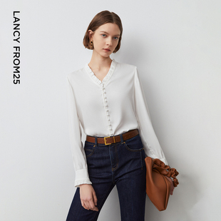 Basic衣橱 上衣秋新款 朗姿25气质v领通勤法式 白衬衫 衬衣女 长袖