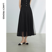 朗姿25复古波点气质高腰显瘦高级感裙子女夏季 休闲黑色半身裙 新款