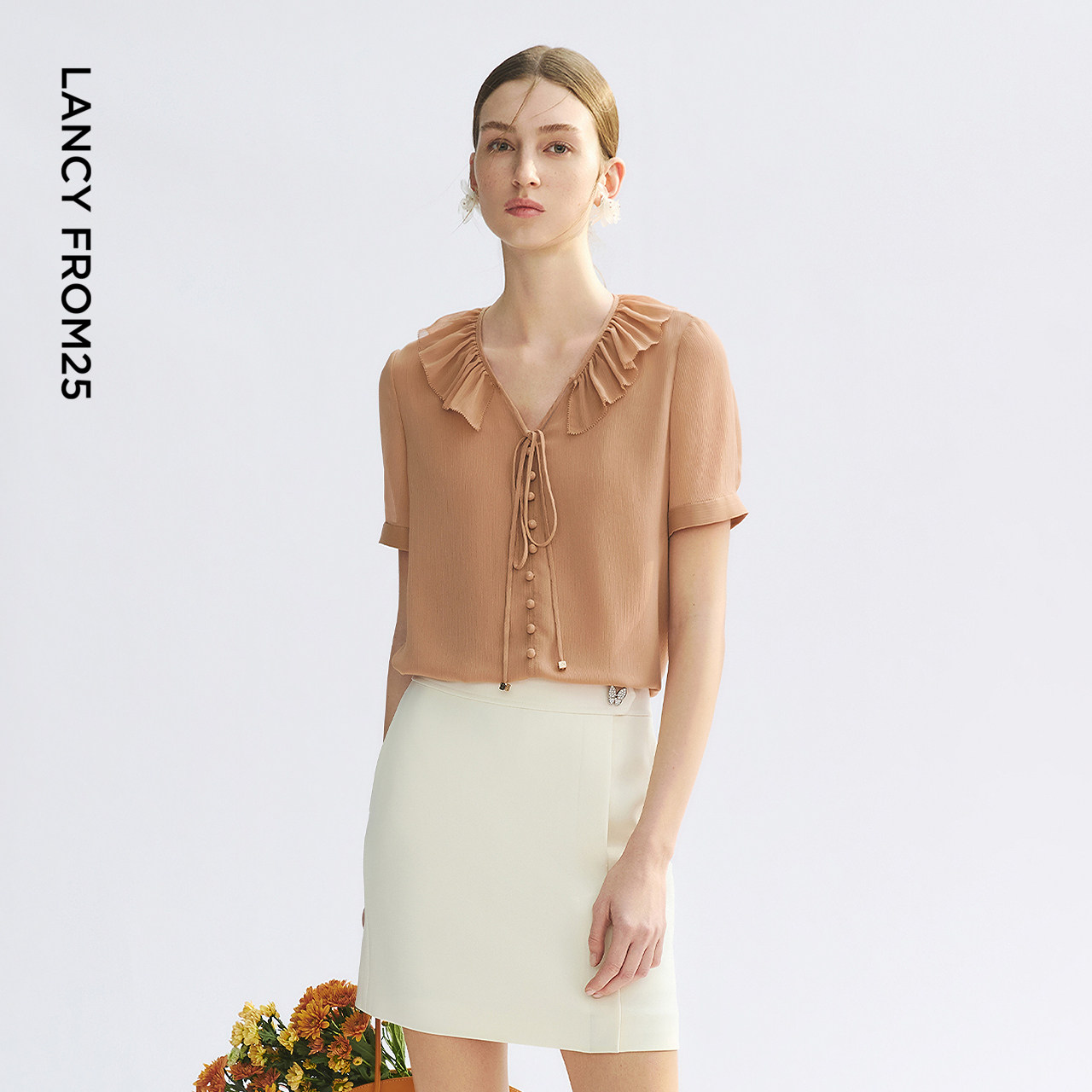 朗姿25复古荷叶边衬衫v领短袖雪纺衫夏季新款气质优雅高级感上衣