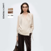 新款 朗姿进口三醋酸高端叠褶V领衬衫 ol通勤上衣女2025年冬季