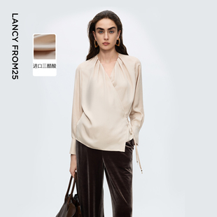 新款 朗姿进口三醋酸高端叠褶V领衬衫 ol通勤上衣女2025年冬季