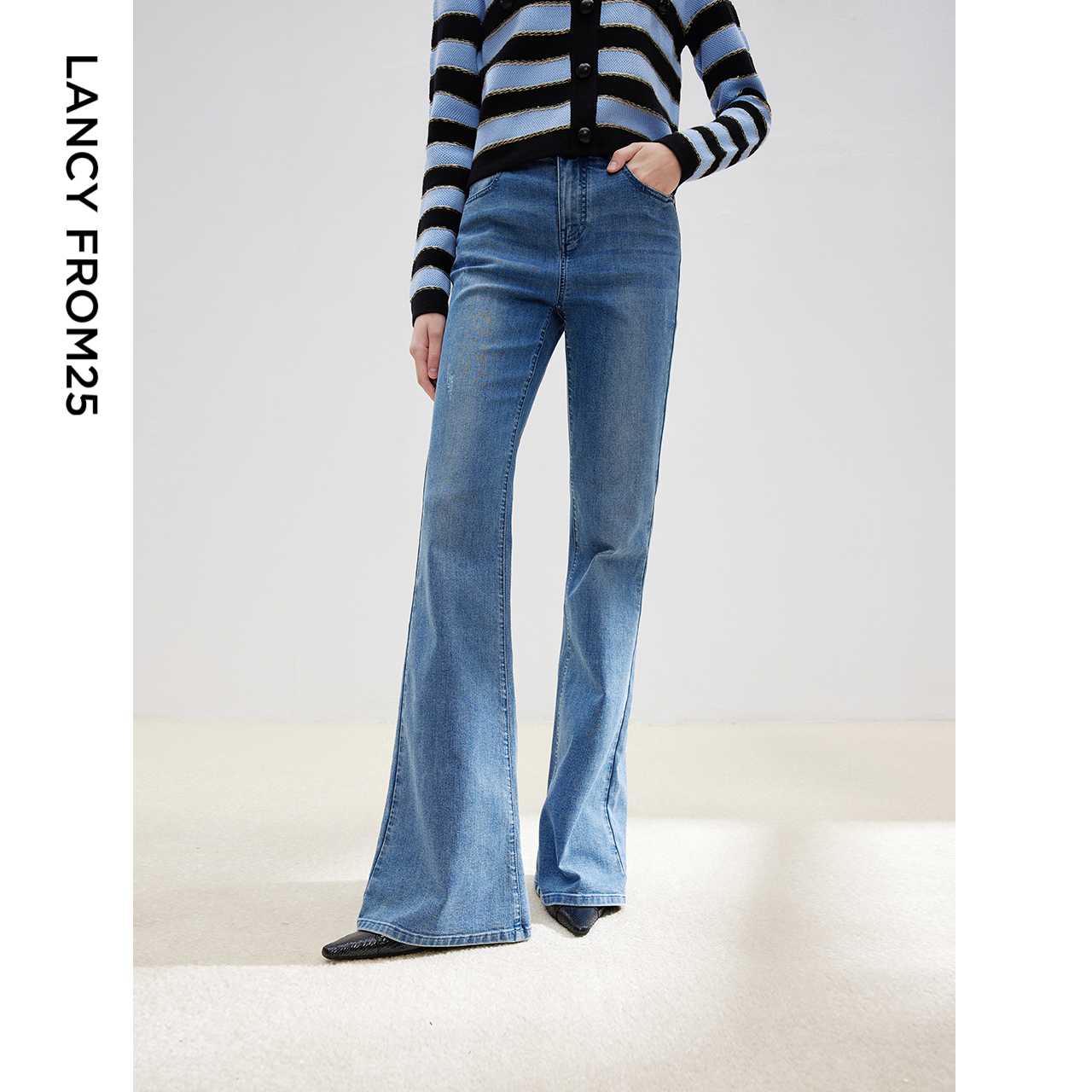 朗姿直筒复古微喇丹宁蓝色女裤2025春季新款修身高腰显瘦仿牛仔裤