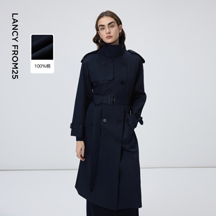 朗姿纯棉翻领正肩简约双排扣风衣气质通勤风衣女2026年春季 新款