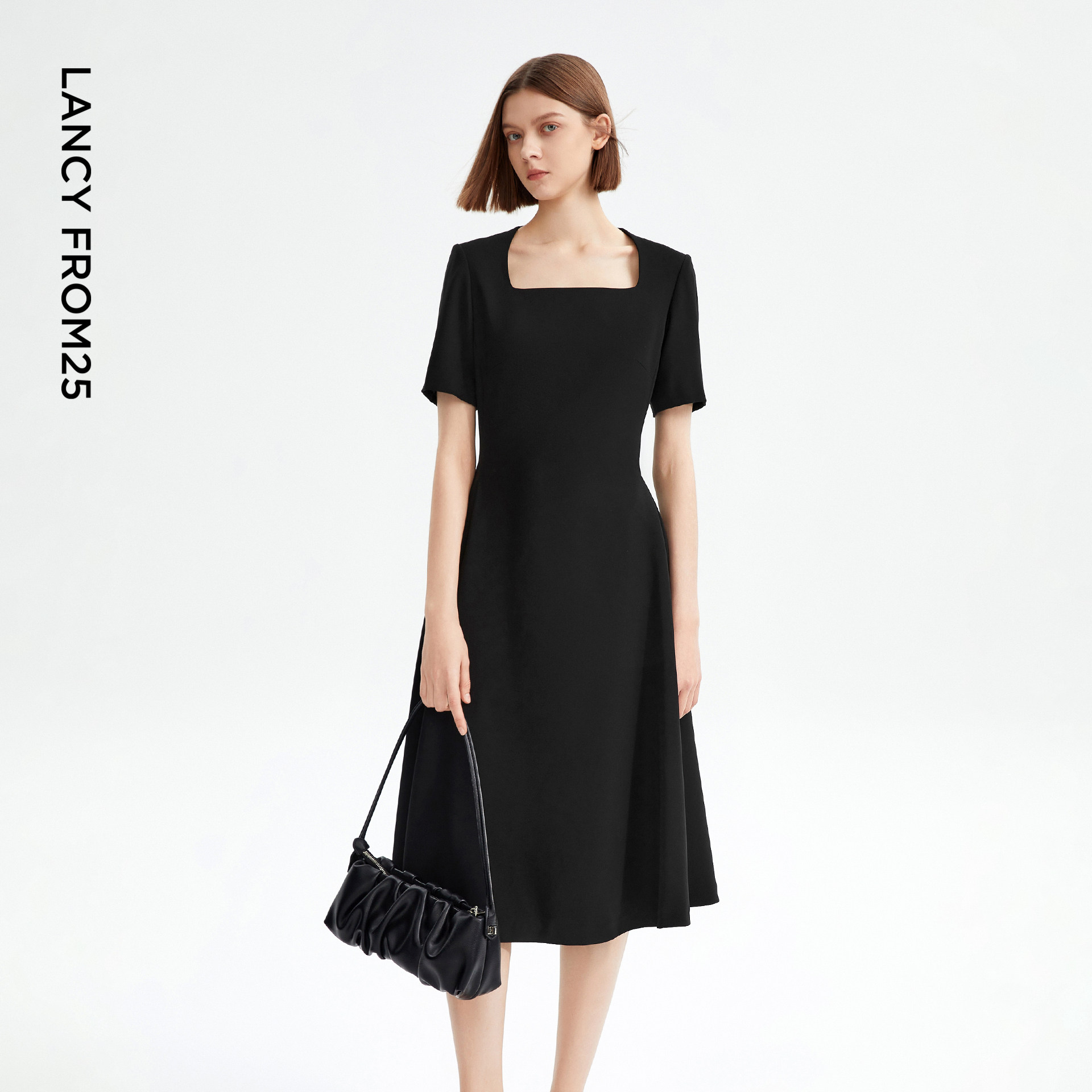 【Basic衣橱】朗姿25法式复古气质方领连衣裙小黑裙女夏新款长裙