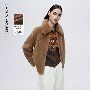 新款 朗姿羊毛翻领气质仿皮草外套时尚 通勤夹克上衣女2025年冬季
