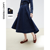 新款 朗姿25法式 棉质蓝色牛仔复古半身裙高腰伞摆气质春季