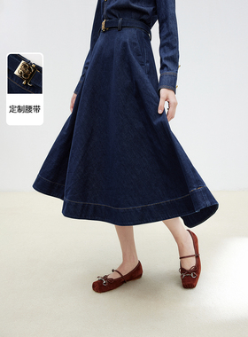 朗姿法式棉质蓝色牛仔复古半身裙高腰伞摆气质高端2025年春季新款