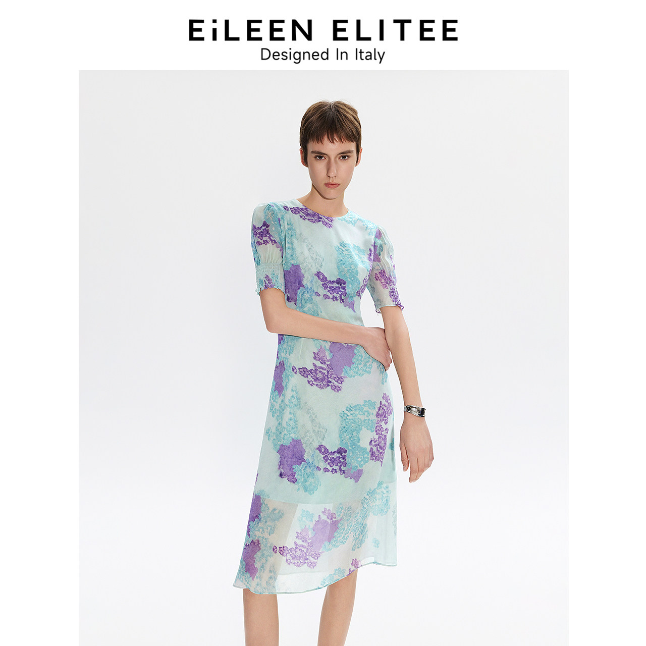 朗姿欧洲EiLEEN ELITEE2025年夏新款法式收腰修身碎花气质连衣裙