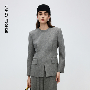 朗姿灰色圓領設計感前開叉高級感西服短外套女士2025年冬季 女 新款