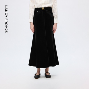 朗姿丝绒老钱风黑色半身裙女长款 通勤高级感半裙2025年