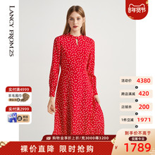 朗姿镂空复古波点赫本裙2021年春季红色真丝高腰连衣裙女商场同款图片
