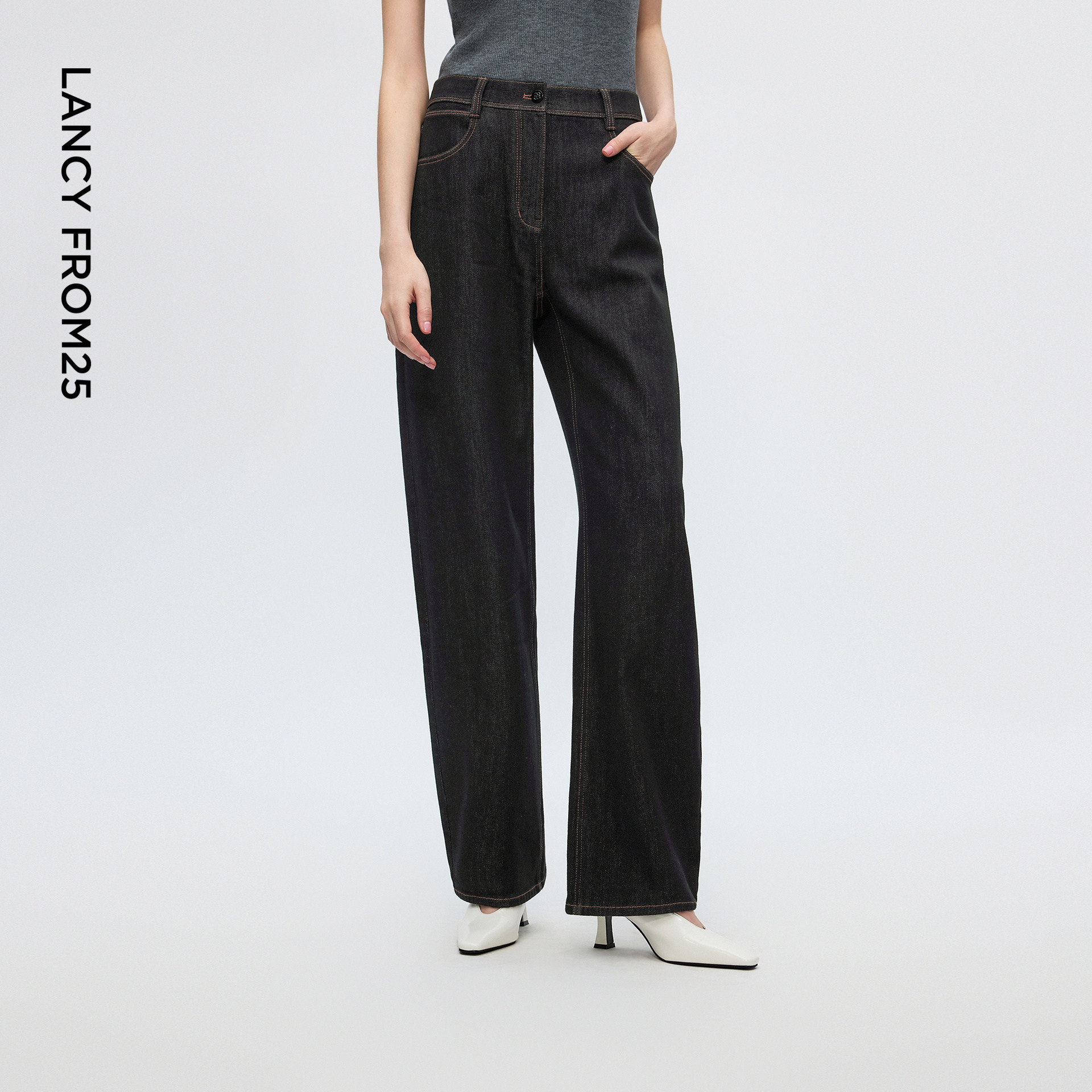 朗姿撞色明线复古弯刀牛仔裤简约舒适休闲弯刀裤女2025年冬季新款,女装/女士精品,牛仔裤,淘宝优惠券,粉丝福利购,淘宝优惠卷