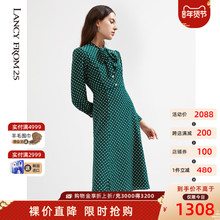 朗姿桑蚕丝波点绿色连衣裙2021年秋季新品真丝气质飘带印花裙子女图片